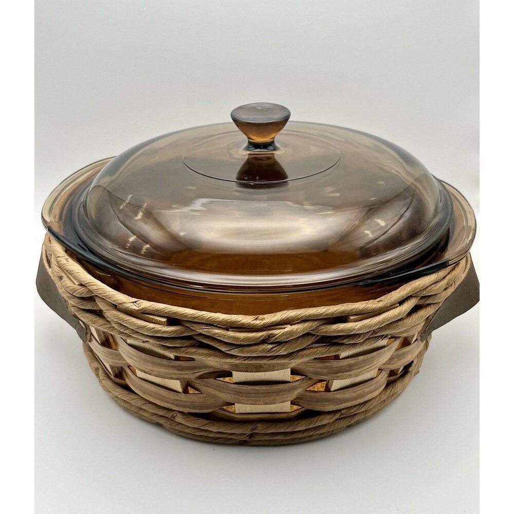Pyrex Amber Glass Casserole Dish with Wicker Holder